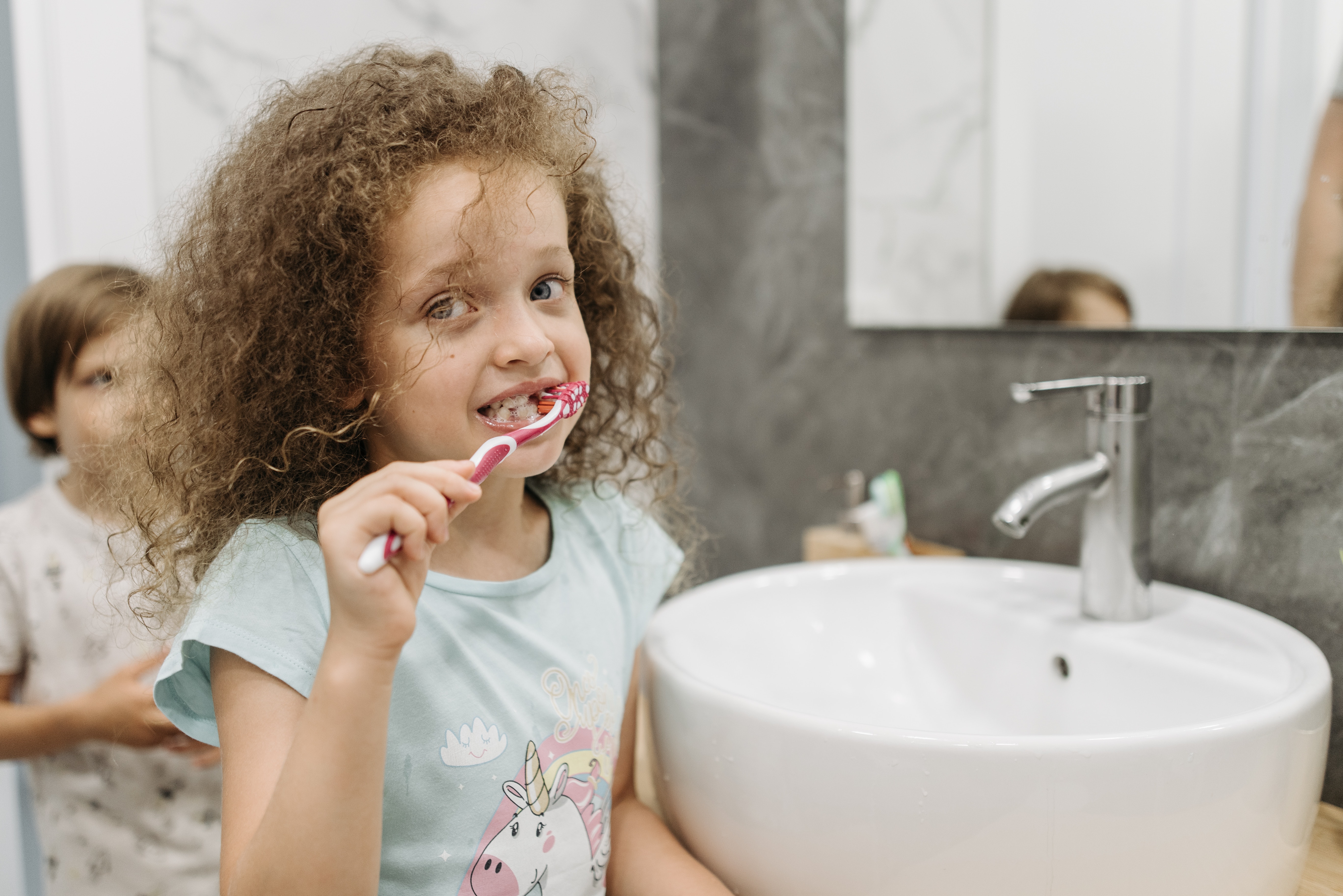 Daddy's Helping And Watching Us Brush Our Teeth